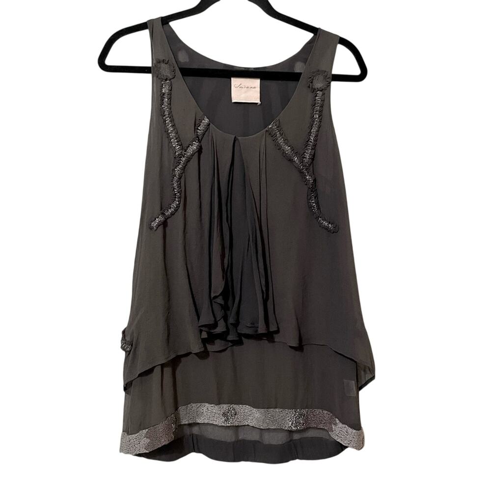 Saivana Grey Silk Beaded Y2K Tiered Sleeveless Blouse Womens S Sheer Silver Top